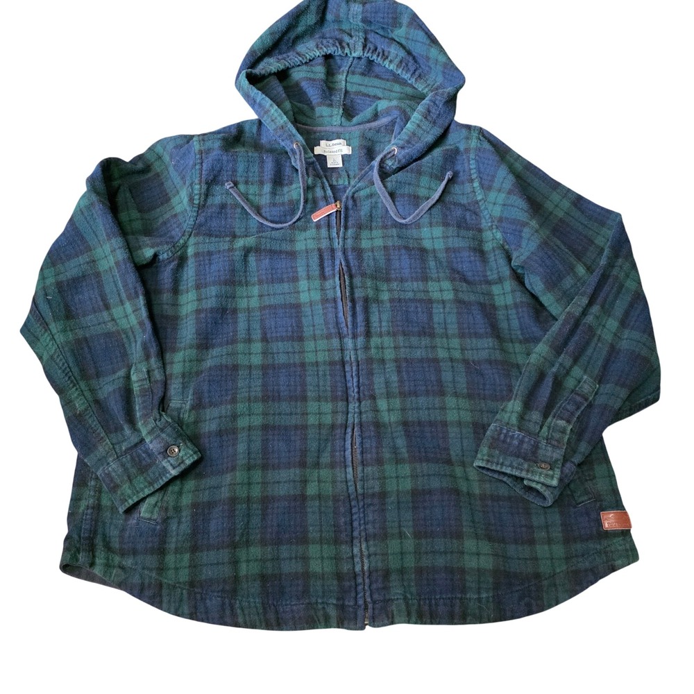 LL Bean Relaxed Fit Flannel Full Zip Hoodie Scotch Plaid Womens LG Blue/green